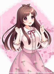 Rule 34 | 1girl, absurdres, antenna hair, blush, breasts, brown hair, c7 master, commission, floral background, floral print, highres, idolmaster, idolmaster cinderella girls, idolmaster cinderella girls starlight stage, lace background, long hair, medium breasts, multicolored hair, neck ribbon, pink skirt, red eyes, ribbon, shirt, skeb commission, skirt, smile, solo, tsujino akari, two-tone hair, very long hair, white shirt
