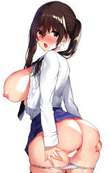 Rule 34 | 1girl, ass, ass grab, back, between breasts, blush, breasts, breasts out, brown eyes, brown hair, censored, collared shirt, covered erect nipples, crossed bangs, furrowed brow, hair between eyes, huge breasts, lips, long hair, long sleeves, looking at viewer, looking back, mataro (matarou), necktie, necktie between breasts, nipples, no bra, open mouth, original, panties, panty pull, pleated skirt, pussy, pussy juice, school uniform, shirt, sideboob, simple background, skindentation, skirt, solo, thighhighs, thighs, twintails, underwear, white background, white panties
