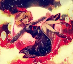 Rule 34 | 1girl, bad id, bad pixiv id, blonde hair, bow, frilled skirt, frills, full moon, hair bow, hair ribbon, long sleeves, looking at viewer, mizuoka magu, moon, open mouth, outstretched arms, red eyes, red footwear, red ribbon, ribbon, rumia, shoes, short hair, skirt, skirt set, socks, solo, touhou, vest