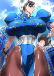 Rule 34 | 1girl, absurdres, blue dress, bracelet, breasts, brown eyes, brown hair, brown pantyhose, bun cover, capcom, china dress, chinese clothes, chun-li, cowboy shot, double bun, dress, earrings, from below, hair bun, hair pulled back, highres, huge breasts, impossible clothes, impossible dress, jewelry, muscular, muscular female, pantyhose, pelvic curtain, puffy short sleeves, puffy sleeves, sash, short sleeves, side slit, solo, spiked bracelet, spikes, standing, street fighter, street fighter ii (series), taut clothes, taut dress, yuri ai