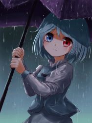 Rule 34 | 1girl, blue eyes, blue hair, blue skirt, blue vest, commentary request, crying, crying with eyes open, expressionless, gradient background, grey background, head tilt, heterochromia, highres, holding, holding umbrella, juliet sleeves, kayon (touzoku), long sleeves, looking at viewer, puffy sleeves, rain, red eyes, shirt, short hair, sketch, skirt, solo, standing, tatara kogasa, tears, touhou, umbrella, upper body, vest, white shirt