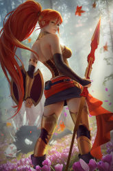 Rule 34 | 1girl, armband, armor, artist name, back, belt, belt buckle, belt pouch, black skirt, breasts, buckle, commentary, day, english commentary, hair between eyes, highres, holding, holding polearm, holding spear, holding weapon, leaf, long hair, looking at viewer, maple leaf, medium breasts, miniskirt, outdoors, patreon username, pencil skirt, polearm, ponytail, pouch, pyrrha nikos, red hair, rwby, skirt, solo, spear, standing, thighhighs, tight skirt, tree, watermark, weapon, zarory