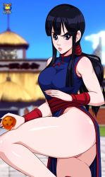 Rule 34 | 1girl, absurdres, ass, bare shoulders, black eyes, black hair, bottomless, breasts, chi-chi (dragon ball), dragon ball, dragonball z, female focus, highres, kyoffie, long hair, looking at viewer, medium breasts, parted lips, pussy, solo, text focus, uncensored