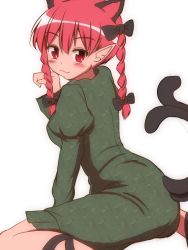 Rule 34 | 1girl, :3, animal ears, blush, bow, braid, cat ears, cat tail, dress, extra ears, from behind, green dress, hair bow, honda takaharu, juliet sleeves, kaenbyou rin, long sleeves, looking at viewer, looking back, multiple tails, paw pose, pointy ears, puffy sleeves, red eyes, red hair, short hair, simple background, sitting, solo, tail, touhou, twin braids, wariza, white background