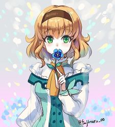 Rule 34 | 1girl, ascot, blonde hair, blue flower, breasts, brown hairband, flower, fujimaru (green sparrow), green eyes, hairband, holding, holding flower, long sleeves, lowres, medium breasts, natalia luzu kimlasca lanvaldear, short hair, solo, tales of (series), tales of the abyss, twitter username, upper body, yellow ascot