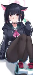 Rule 34 | 1girl, animal ears, arm at side, black choker, black hair, black hoodie, black pantyhose, blue archive, blunt bangs, blurry, blush, bob cut, cat ears, choker, closed mouth, colored inner hair, commentary request, convenient leg, cross-laced footwear, depth of field, food, foot out of frame, frown, green sailor collar, hand up, highres, holding, holding food, hood, hood down, hoodie, kazusa (blue archive), knees up, long sleeves, looking at viewer, macaron, multicolored hair, neckerchief, nichijo, pantyhose, pink hair, pink neckerchief, red eyes, sailor collar, shoes, short hair, sitting, sneakers, solo, split mouth, tsurime, white background