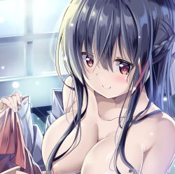 Rule 34 | 1girl, black hair, blush, braid, breasts, closed mouth, collarbone, commentary request, fingernails, hair between eyes, hair censor, hair ornament, hand up, kurou (quadruple zero), large breasts, long hair, long sleeves, looking at viewer, nude, original, red eyes, ribbon-trimmed sleeves, ribbon trim, sleeves past wrists, smile, solo, very long hair, white sleeves, wide sleeves, x hair ornament