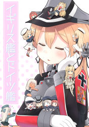 Rule 34 | 6+girls, ^ ^, ahenn, ark royal (kancolle), bismarck (kancolle), black dress, black gloves, black headwear, black sailor collar, blonde hair, blue eyes, breast pillow, breasts, brown eyes, brown gloves, capelet, chibi, closed eyes, commentary request, cover, cover page, dress, elbow gloves, flower, flying sweatdrops, garrison cap, giant, giantess, gloves, graf zeppelin (kancolle), hair between eyes, hair flower, hair ornament, hat, highres, janus (kancolle), jervis (kancolle), kantai collection, long hair, long sleeves, military, military uniform, mini person, minigirl, multiple girls, nelson (kancolle), open mouth, peaked cap, pink flower, prinz eugen (kancolle), purple eyes, red hair, ro-500 (kancolle), sailor collar, sailor dress, sailor hat, sailor shirt, school swimsuit, shirt, short hair, sidelocks, smile, swimsuit, swimsuit under clothes, tears, twintails, u-511 (kancolle), uniform, warspite (kancolle), white gloves, z1 leberecht maass (kancolle), z3 max schultz (kancolle)