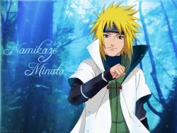 Rule 34 | 1boy, bare shoulders, blonde hair, blue eyes, clenched hand, coat, eyebrows, flak jacket, forehead protector, haori, headband, highres, jacket, japanese clothes, looking at viewer, male focus, namikaze minato, naruto, naruto (series), open clothes, open coat, smile, solo, spiked hair, tagme, white coat