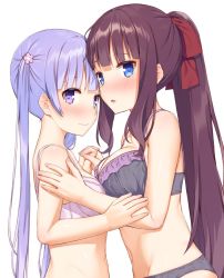 Rule 34 | 2girls, asymmetrical docking, black bra, black panties, blue eyes, blush, bra, breast press, breasts, flower, from side, hair flower, hair ornament, hair ribbon, hand on another&#039;s arm, highres, holding hands, interlocked fingers, light purple hair, long hair, looking at viewer, medium breasts, mikazuchi zeus, multiple girls, navel, new game!, panties, parted lips, pink bra, ponytail, purple eyes, purple hair, ribbon, sidelocks, simple background, small breasts, smile, suzukaze aoba, takimoto hifumi, underwear, underwear only, very long hair, white background, yuri