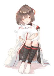 Rule 34 | 1girl, 2others, black hakama, black skirt, brown hair, commentary request, enemy lifebuoy (kancolle), closed eyes, full body, hair ribbon, hakama, hakama short skirt, hakama skirt, hug, ise (kancolle), japanese clothes, kantai collection, kneehighs, multiple others, nontraditional miko, pleated skirt, ponytail, remodel (kantai collection), ribbon, short hair, simple background, sitting, skirt, socks, tabi, white background, wide sleeves, yuzu (kimagure kankitsurui)