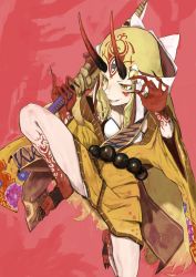 Rule 34 | absurdres, blonde hair, claws, fate/grand order, fate (series), feet, floral print, highres, horns, ibaraki douji (fate), japanese clothes, kimono, long hair, monster girl, oni, red background, simple background, sitting, smile, sword, tattoo, toenails, weapon, yellow eyes, yellow kimono