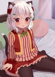 Rule 34 | 1girl, animal ear fluff, animal ears, black pantyhose, blush, bow, cat ears, cat girl, cat tail, commentary request, curtains, frilled skirt, frills, hair between eyes, hair bow, hair ornament, hairclip, highres, indoors, looking at viewer, muku (muku-coffee), on bed, original, pantyhose, parted lips, pillow, pink shirt, red bow, red eyes, red skirt, red vest, shirt, sitting, skirt, solo, striped clothes, striped shirt, tail, tail raised, vertical-striped clothes, vertical-striped shirt, vest, wariza, white hair, window