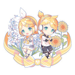 Rule 34 | 1boy, 1girl, absurdres, bare shoulders, beamed sixteenth notes, blonde hair, blush, bow, brother and sister, chaji xiao bai, chibi, collared shirt, detached sleeves, flower, green eyes, hair bow, hair ornament, hairclip, headphones, heart, highres, holding, holding heart, kagamine len, kagamine rin, leg warmers, musical note, neck ribbon, necktie, ponytail, ribbon, sailor collar, shirt, shorts, shoulder tattoo, siblings, smile, sunflower, tattoo, twins, vocaloid, white background, white bow, yellow neckwear
