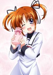 Rule 34 | 1girl, ;d, black ribbon, black shirt, commentary request, dress, gift, hair ribbon, highres, holding, holding gift, looking at viewer, lyrical nanoha, mahou shoujo lyrical nanoha, one eye closed, open mouth, ribbon, sailor collar, sailor dress, school uniform, seishou elementary school uniform, shirt, short hair, smile, solo, standing, takamachi nanoha, white dress, white sailor collar, yorousa (yoroiusagi)