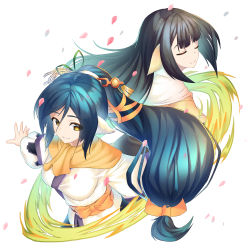 Rule 34 | 2girls, absurdly long hair, absurdres, ainu clothes, animal ears, aquaplus, black hair, breasts, closed mouth, dress, family, from above, from side, hair between eyes, hair ornament, highres, kuon (utawarerumono), layered sleeves, long hair, long sleeves, looking to the side, medium breasts, mother and daughter, multiple girls, ponytail, scarf, sidelocks, smile, utawarerumono, utawarerumono: itsuwari no kamen, very long hair, yellow eyes, yuzuha (utawarerumono)