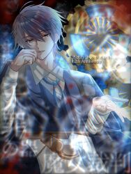 Rule 34 | 1boy, akutoku no judgement (vocaloid), anniversary, black robe, blue hair, blue nails, cheek rest, collared shirt, elbow rest, empty eyes, evillious nendaiki, gallerian marlon, gavel, gears, half-closed eyes, hand on own cheek, hand on own face, judge, kaito (vocaloid), kaito hakusets, looking at viewer, lyrics, male focus, open clothes, open mouth, open robe, robe, shirt, short hair, smile, solo, song name, whie shirt