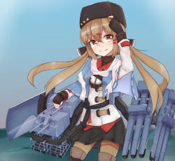 Rule 34 | 1girl, anchor, armor, belt, black skirt, blue shawl, blush, boots, bow, brown hair, brown thighhighs, centi mnkt, closed mouth, fur hat, hair ornament, hairclip, hat, jacket, kantai collection, long hair, long sleeves, looking at viewer, miniskirt, ocean, pantyhose, papakha, red eyes, red shirt, scar, scarf, shawl, shirt, shoes, skirt, sky, solo, star (symbol), tashkent (kancolle), thigh boots, thighhighs, torn clothes, torn scarf, torpedo, torpedo tubes, turret, twintails