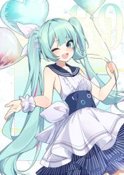 Rule 34 | 1girl, balloon, blue archive, blue eyes, blue hair, bow, dress, eru daydream, hatsune miku, hatsune miku (blue archive), heart balloon, highres, long hair, looking at viewer, multicolored eyes, multicolored hair, one eye closed, open mouth, sailor collar, sailor dress, skirt, streaked hair, twintails, twitter username, very long hair, vocaloid