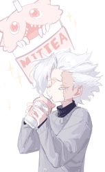 Rule 34 | 1boy, artist name, asymmetrical bangs, belafu (human), chinese commentary, closed eyes, commentary request, crying, cup, disposable cup, drinking, drinking straw, euphemism, furrowed brow, goblet 42, grey hair, grey sweater, hands up, highres, holding, holding cup, layered clothes, long sleeves, made in abyss, male focus, medium hair, mitty (made in abyss), objectification, projected inset, pun, short hair, simple background, sketch, solo, sparkle, sweater, turtleneck, upper body, watermark, weibo logo, weibo watermark, white background