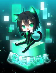 Rule 34 | 1girl, ahoge, animal ears, bad id, bad pixiv id, black hair, cat ears, cat tail, character name, chibi, cube, eyebrows, eyes visible through hair, gerat, glowing, gradient background, green eyes, hair between eyes, highres, looking at viewer, muraji0419, nein (album), neon trim, open mouth, paw pose, short hair, sitting, solo, sound horizon, tail