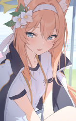 Rule 34 | 1girl, animal ear fluff, animal ears, aqua eyes, blue archive, blue jacket, blush, breasts, commentary, flower, gym uniform, hair between eyes, hair flower, hair ornament, halo, headband, highres, jacket, jacket on shoulders, long hair, looking at viewer, mari (blue archive), mari (track) (blue archive), orange hair, parted lips, shirt, short sleeves, small breasts, solo, sweat, teti, white flower, white headband, white shirt
