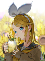 Rule 34 | 1girl, absurdres, artist name, backlighting, black sailor collar, blonde hair, blue eyes, blush, bow, brown shirt, citron, collarbone, commentary request, dated, drink, drinking straw, earrings, eyelashes, facing viewer, floral background, flower, food, fruit, glass, hair bow, hair ornament, hairband, hairclip, hands up, highres, holding, holding drink, holding food, jewelry, kagamine rin, kaoro hanaoka, leaf, lemon, lens flare, long sleeves, looking up, mouth hold, musical note, musical note print, nail polish, neckerchief, open hand, sailor collar, school uniform, shirt, short hair, signature, sleeves past wrists, solo, sunflower, swept bangs, two-tone background, upper body, vocaloid, white background, white bow, white hairband, yellow background, yellow flower, yellow nails, yellow neckerchief