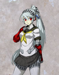 Rule 34 | 1girl, android, breasts, chuunioniika, hair between eyes, highres, houndstooth, joints, labrys (persona), long hair, persona, persona 4: the ultimate in mayonaka arena, pleated skirt, ponytail, red eyes, robot joints, school uniform, serafuku, silver hair, skirt, small breasts, solo