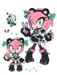 Rule 34 | 1girl, 1other, alternate costume, amy rose, animal bag, animal ears, animal hands, animal nose, artist name, bag, bamboo broom, bell, black dress, black eyeshadow, black footwear, black thighhighs, blue eyes, blush, boots, bow, bowtie, broom, bubble tea, buttons, chao (sonic), colored skin, cup, disposable cup, dress, dress bow, drinking straw, eyelashes, eyeshadow, fake animal ears, fang, flying, footwear bow, frills, full body, furry, furry female, gloves, green bow, green bowtie, green eyes, green ribbon, grey skin, hands up, hedgehog ears, hedgehog girl, highres, holding, holding cup, looking at another, looking at viewer, makeup, no mouth, open mouth, panda ears, pink fur, puffy short sleeves, puffy sleeves, ribbon, short sleeves, simple background, smile, songsom s2, sonic (series), standing, thighhighs, vest, w, white background, white gloves, white vest