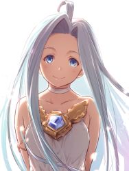 Rule 34 | 1girl, ahoge, bare shoulders, blue eyes, blue hair, breasts, choker, closed mouth, collarbone, dress, gem, granblue fantasy, highres, kiikii (kitsukedokoro), long hair, looking at viewer, lyria (granblue fantasy), portrait, small breasts, smile, solo, upper body, white background, white dress