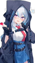 Rule 34 | 1girl, animal ears, animal hood, black gloves, black jacket, blue hair, blue skirt, blush, breasts, collared shirt, commentary, dress shirt, fake animal ears, fang, fingerless gloves, flying sweatdrops, food, gloves, grey hair, hands up, highres, holding, holding food, hood, hood up, hooded jacket, jacket, long hair, looking at viewer, medium breasts, multicolored hair, necktie, nibiiro shizuka, open clothes, open jacket, open mouth, original, pleated skirt, purple eyes, red necktie, shirt, simple background, skirt, solo, spoken flying sweatdrops, streaked hair, sweat, symbol-only commentary, white background, white shirt