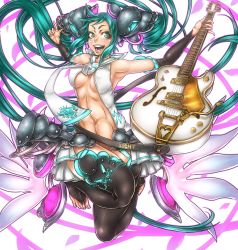 Rule 34 | 1girl, :d, abs, aqua eyes, aqua hair, armpits, bad anatomy, bad id, bad pixiv id, bad proportions, belt, black thighhighs, blush, breasts, covered erect nipples, detached sleeves, feet, female focus, full body, glowing, guitar, hair ornament, hatsune miku, hatsune miku (append), highres, instrument, jongo, jumping, long hair, medium breasts, muscular, navel, necktie, no bra, no panties, open clothes, open mouth, open shirt, outstretched arms, shirt, skirt, smile, solo, spread arms, thighhighs, toeless legwear, toes, twintails, very long hair, vest, vocaloid, vocaloid append, white background, wings
