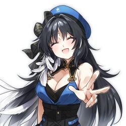 Rule 34 | 1girl, :d, ^ ^, bare arms, bare shoulders, black hair, black sash, blue hat, blue shirt, blush, breasts, cleavage, closed eyes, collarbone, commentary request, facial mark, feather hair, forehead, forehead mark, hair intakes, halterneck, hat, hat ribbon, highres, korean commentary, large breasts, long hair, mole, mole under eye, myam (123ab456c), open mouth, parted bangs, reaching, reaching towards viewer, ribbon, sash, shirt, simple background, smile, solo, tacet mark (wuthering waves), upper body, v, white background, wuthering waves, yangyang (wuthering waves)