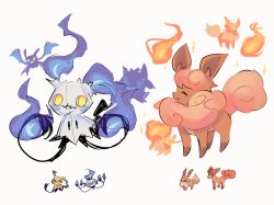 Rule 34 | ^ ^, bad id, bad tumblr id, chandelure, charamells, closed eyes, creature, creatures (company), crobat, cyndaquil, eevee, flareon, full body, fusion, game freak, gen 1 pokemon, gen 2 pokemon, gen 5 pokemon, gen 7 pokemon, mimikyu, multiple fusions, nintendo, no humans, pokemon, pokemon (creature), simple background, standing, vulpix, white background