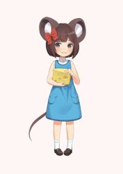 Rule 34 | 1girl, animal ears, blue eyes, blush, brown hair, cheese, child, cristalavi, dress, food, full body, hair ribbon, highres, hime cut, holding, holding food, looking at viewer, mouse ears, mouse tail, original, ribbon, short hair, simple background, smile, socks, solo, tail, white socks