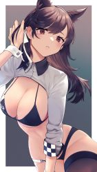 Rule 34 | 1girl, absurdres, adjusting hair, animal ears, atago (azur lane), atago (stunning speedster) (azur lane), azur lane, black hair, black thighhighs, breasts, cleavage, commentary request, cowboy shot, extra ears, eyelashes, forehead, hair behind ear, hair ribbon, highres, kazane-wind, large breasts, long hair, mole, mole under eye, parted bangs, parted lips, red eyes, ribbon, shrug (clothing), simple background, single thighhigh, solo, teeth, thighhighs, twisted torso, two-tone background, white ribbon, wolf ears, wolf girl, wrist cuffs