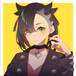 Rule 34 | 1girl, asymmetrical bangs, asymmetrical hair, bad id, bad pixiv id, black hair, black jacket, black nails, blush, breasts, choker, collarbone, commentary request, creatures (company), dress, earrings, game freak, green eyes, hair ribbon, highres, holding, holding poke ball, jacket, jewelry, kisui (28992125), long sleeves, looking at viewer, marnie (pokemon), medium hair, nail polish, nintendo, open clothes, pink dress, poke ball, poke ball (basic), pokemon, pokemon swsh, red ribbon, ribbon, simple background, solo, twintails, yellow background