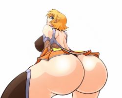 Rule 34 | 00s, 1girl, armor, ass, ass focus, back, bare shoulders, blonde hair, blue eyes, breasts, female focus, from behind, from below, gauntlets, huge ass, huge breasts, igawa sakura, leotard, looking at viewer, looking back, looking down, microskirt, open mouth, profile, short hair, simple background, skin tight, skindentation, skirt, taimanin (series), taimanin asagi, thong, white background, wrato