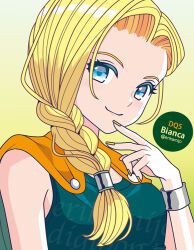 Rule 34 | 1girl, bare shoulders, bianca (dq5), blonde hair, blue eyes, bracelet, braid, breasts, cape, character name, closed mouth, commentary, dragon quest, dragon quest v, dress, eri kamijo, gradient background, green dress, hair over shoulder, jewelry, light blush, long hair, looking at viewer, medium breasts, nail polish, orange cape, single braid, sleeveless, sleeveless dress, smile, solo, twitter username, upper body, yellow background, yellow nails