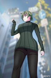 Rule 34 | 1girl, absurdres, akina-chan, artist name, breasts, green eyes, green hair, highres, large breasts, mature female, original, pantyhose, short hair, smile, solo