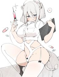 Rule 34 | 1girl, ;q, alternate hairstyle, animal ears, black footwear, blush, breast pocket, breasts, clothing cutout, commentary, cropped shirt, curvy, ear piercing, garter straps, grey eyes, grey hair, hat, heart, high heels, highres, holding, holding syringe, hololive, impossible clothes, impossible shirt, kuma no bansoukou, large breasts, large syringe, leotard, licking lips, lion ears, lion girl, lion tail, long hair, looking at viewer, low twintails, narrow waist, navel, navel cutout, nurse, nurse cap, one eye closed, oversized object, piercing, pocket, pumps, shirt, shishiro botan, sideless outfit, simple background, sitting, solo, spoken heart, sweat, symbol-only commentary, syringe, tail, thick thighs, thighhighs, thighs, tongue, tongue out, twintails, very sweaty, virtual youtuber, white background, white garter straps, white leotard, white shirt, white thighhighs, wide hips