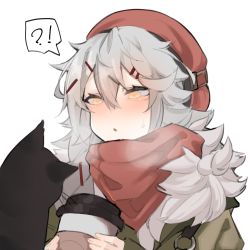 Rule 34 | !?, 1girl, absurdres, animal, beret, blush, breath, cat, cup, disposable cup, fataaa, gepard m1 (girls&#039; frontline), gepard m1 (unblemished protector) (girls&#039; frontline), girls&#039; frontline, green jacket, grey hair, hair ornament, hairclip, hat, highres, holding, jacket, long hair, long sleeves, messy hair, official alternate costume, red headwear, red scarf, scarf, simple background, sweat, upper body, white background, yellow eyes