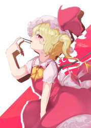 Rule 34 | 1girl, ascot, blonde hair, crystal, dress, flandre scarlet, food, from side, hat, highres, kabochamaronpie, looking at viewer, pocky, red dress, red eyes, side ponytail, solo, touhou, yellow ascot