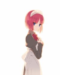 Rule 34 | 1girl, apron, blue eyes, bow, bowtie, closed mouth, from side, hands on own chest, highres, hisui (tsukihime), juliet sleeves, long sleeves, looking at viewer, maid, maid headdress, matsuoka (mtok 0), own hands together, pink hair, puffy sleeves, red bow, red bowtie, short hair, simple background, solo, standing, tsukihime, white apron, white background