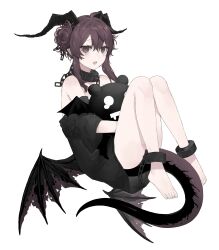 Rule 34 | 1girl, absurdres, barefoot, black horns, black shirt, black tail, black wings, brown eyes, brown hair, chain, collar, cuffs, dragon girl, dragon tail, dragon wings, full body, hair bun, highres, horns, hugging object, light blush, looking at viewer, loose clothes, metal collar, no pants, open mouth, original, oversized clothes, pointy ears, rairyuu, shackles, shirt, simple background, solo, stuffed toy, tail, white background, wings