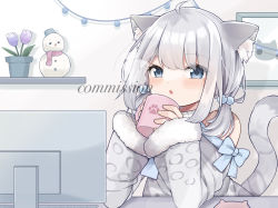 Rule 34 | 1girl, :o, animal ear fluff, animal ears, bad id, bad pixiv id, blowing, blue bow, blue eyes, blush, bow, clothing cutout, commission, cup, cyberlive, flower, fuura yuri, grey sweater, highres, holding, holding cup, leopard ears, leopard girl, leopard tail, low twintails, mug, nono chitose, off shoulder, open mouth, pink flower, pink tulip, purple flower, purple tulip, short hair, shoulder cutout, silver hair, skeb commission, solo, sweater, tail, tulip, twintails, virtual youtuber
