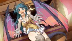 Rule 34 | 1girl, artist request, blue eyes, blue hair, blush, breasts, chione (monster musume), cleavage, cracked skin, game cg, horns, indoors, long hair, looking at viewer, loose necktie, medium breasts, monster girl, monster musume no iru nichijou, monster musume no iru nichijou online, moon, necktie, official art, open mouth, outstretched arms, pleated skirt, shirt, skirt, sleeveless, sleeveless shirt, solo, sweatdrop, tail, thighhighs, white skirt, window, wings, yellow shirt, zettai ryouiki