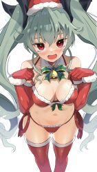 Rule 34 | 1girl, absurdres, anchovy (girls und panzer), bare shoulders, bell, bikini, black ribbon, blaze (blazeillust), blush, bow, bowtie, breasts, detached collar, drill hair, elbow gloves, feet out of frame, fur-trimmed bikini, fur-trimmed gloves, fur-trimmed headwear, fur-trimmed thighhighs, fur trim, girls und panzer, gloves, green bow, green bowtie, green hair, hair between eyes, hair ribbon, hands up, hat, highres, large breasts, long hair, looking at viewer, navel, neck bell, open mouth, red bikini, red eyes, red gloves, red hat, red thighhighs, ribbon, santa bikini, santa costume, santa hat, side-tie bikini bottom, simple background, smile, solo, standing, stomach, string bikini, sweatdrop, swimsuit, thighhighs, twin drills, twintails, very long hair, white background