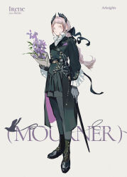 Rule 34 | 1girl, alternate costume, arknights, black jacket, black leggings, black skirt, boots, bouquet, braid, breast pocket, coat, earrings, english text, flower, flower request, full body, highres, holding, holding bouquet, huangdanlan, irene (arknights), jacket, jewelry, leggings, light purple eyes, long hair, long sleeves, looking at viewer, object in pocket, pearl earrings, pocket, purple background, purple theme, sheath, sheathed, simple background, single braid, skirt, solo, standing, sword, two-sided coat, two-sided fabric, weapon, white trim