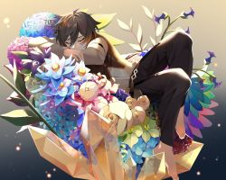 Rule 34 | 1boy, 707 kuroyuki, absurdres, artist name, barefoot, blue flower, bouquet, brown hair, closed eyes, commentary, covered mouth, crystal, english commentary, flower, genshin impact, glaze lily, gradient hair, green flower, hair between eyes, highres, light particles, long sleeves, male focus, multicolored hair, orange hair, pants, purple flower, simple background, solo, vest, white flower, zhongli (genshin impact)